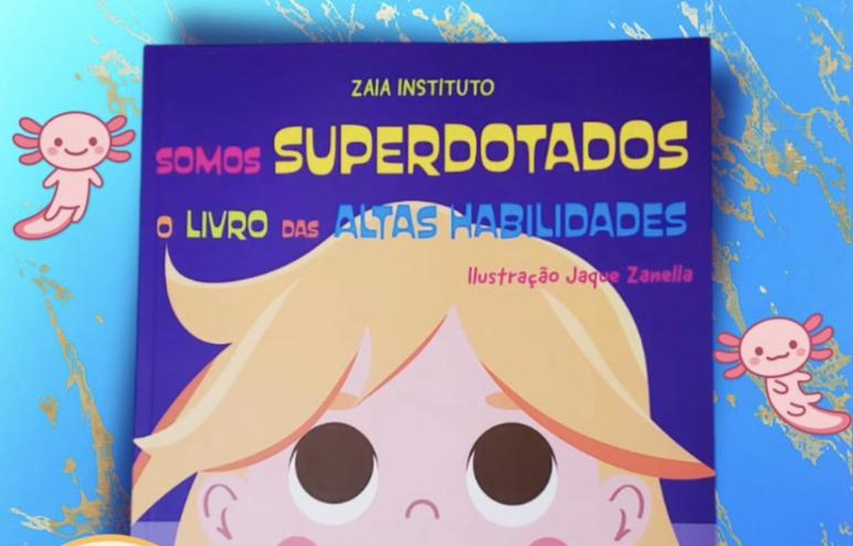 Capa do livro Somos Superdotados: o livro das altas habilidades, com a ilustração do rosto de uma criança sobre fundo roxo, ladeada por dois axolotes cor-de-rosa